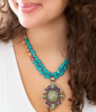 Artisan Prescott Blue Turquoise Purple and Orange Statement Pendant Golden Necklace
