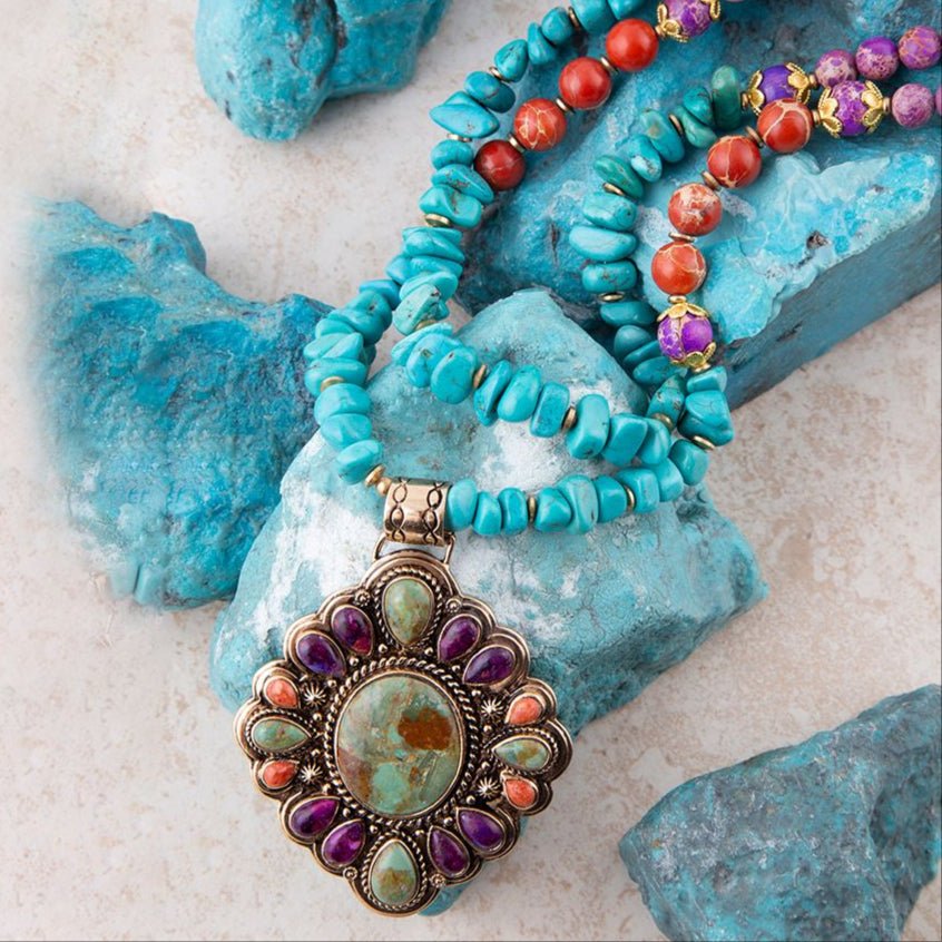 Artisan Prescott Blue Turquoise Purple and Orange Statement Pendant Golden Necklace