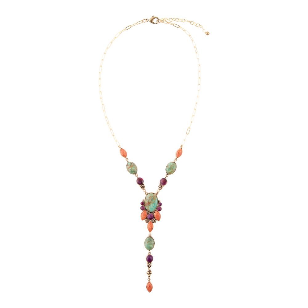 Artisan Regalia Blue Turquoise Purple and Orange Coral Golden Y Necklace