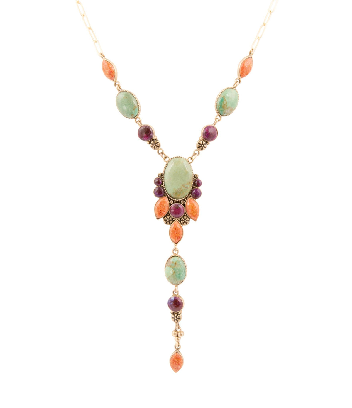 Artisan Regalia Blue Turquoise Purple and Orange Coral Golden Y Necklace