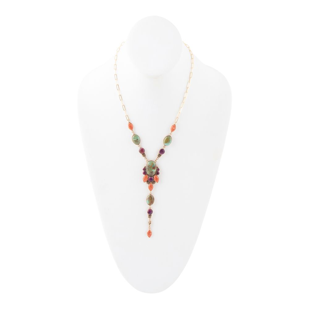 Artisan Regalia Blue Turquoise Purple and Orange Coral Golden Y Necklace