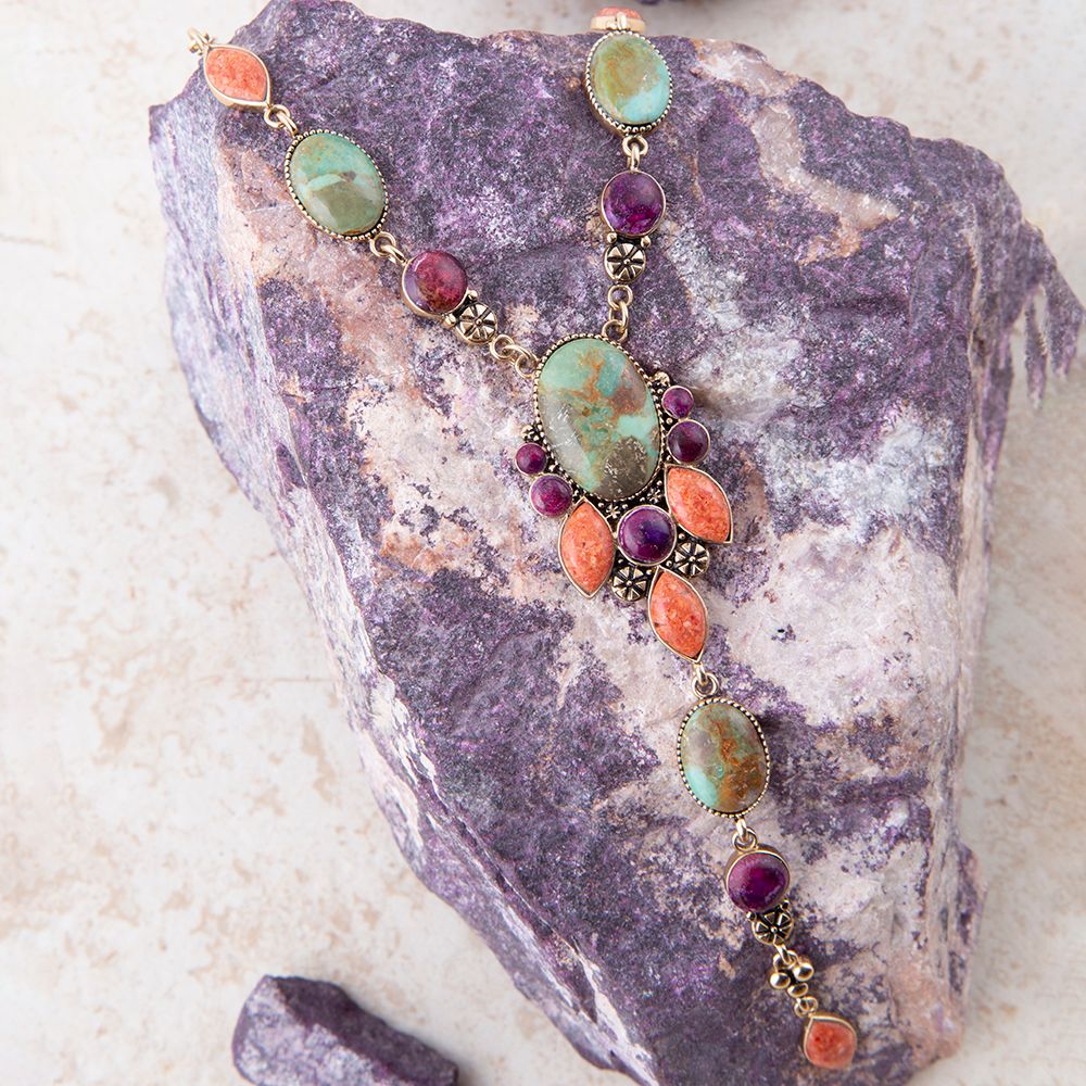 Artisan Regalia Blue Turquoise Purple and Orange Coral Golden Y Necklace