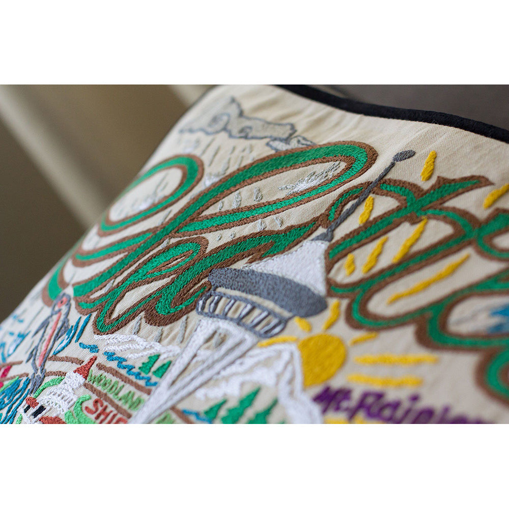 100% Organic Cotton Seattle, WA Hand-Embroidered Artisan Pillow