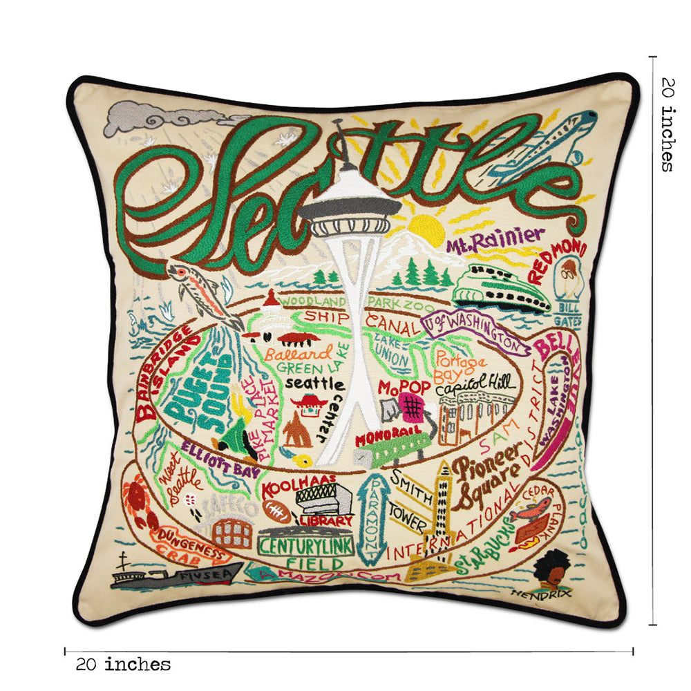 100% Organic Cotton Seattle, WA Hand-Embroidered Artisan Pillow