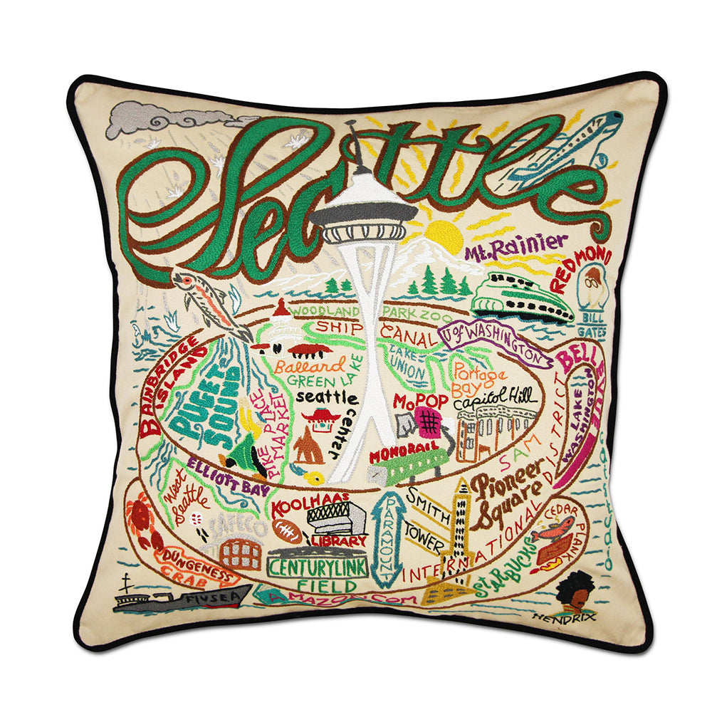 100% Organic Cotton Seattle, WA Hand-Embroidered Artisan Pillow