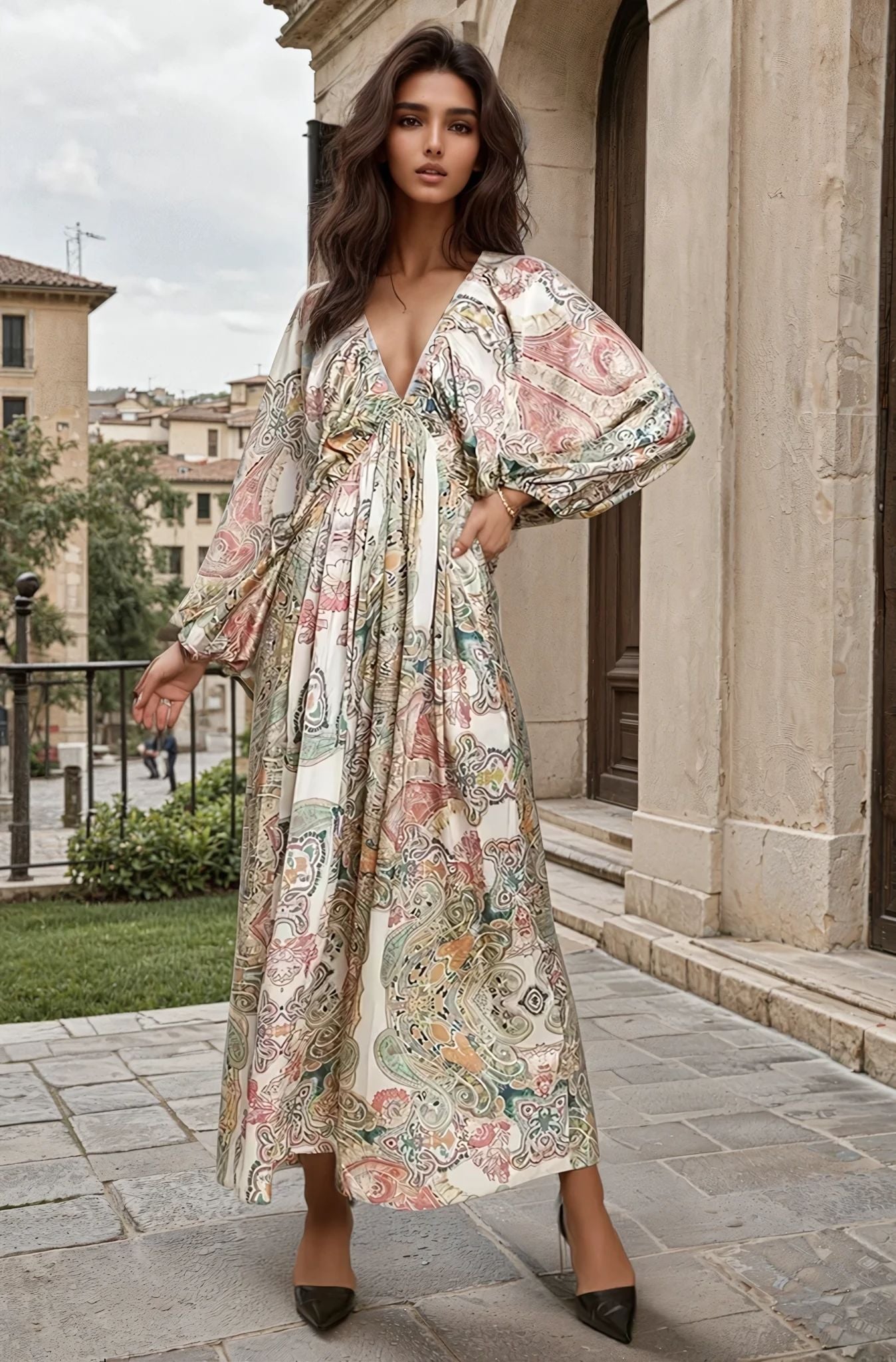 Printed V-Neck Batwing Sleeve Maxi Dress