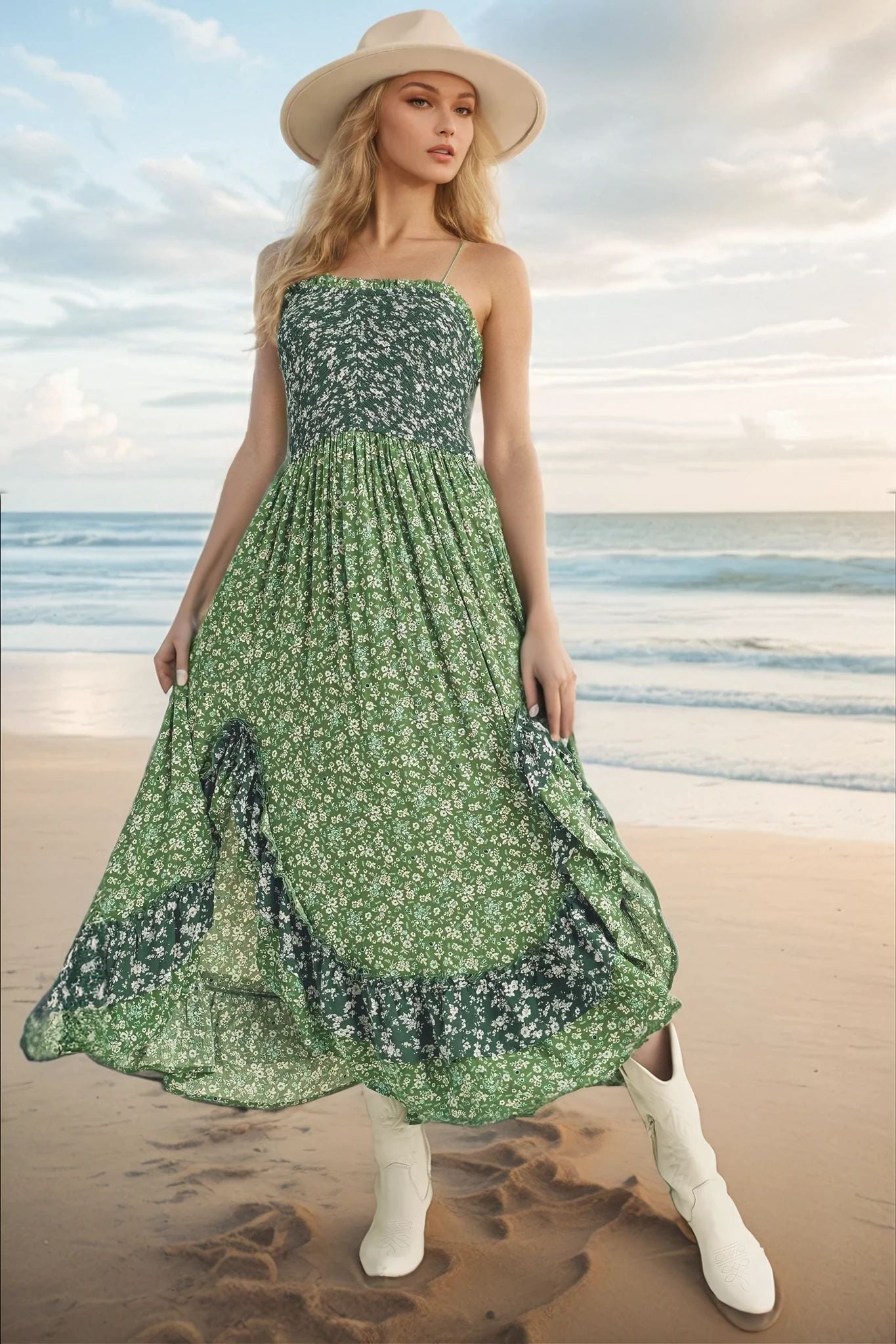 Summer Green Floral Ruffled Hem Maxi Cami Dress