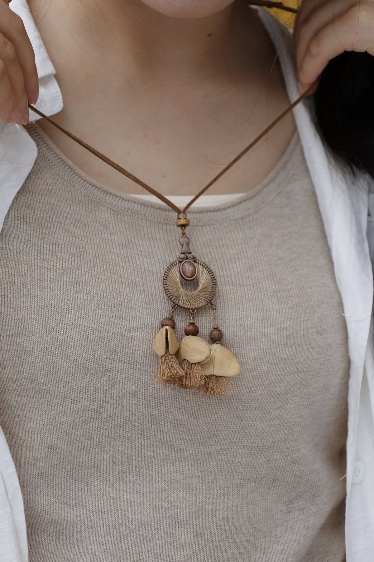Artisan "The Earth Dreamcatcher" - Woven Ring Pendant with Natural Seeds & Mini Tassels