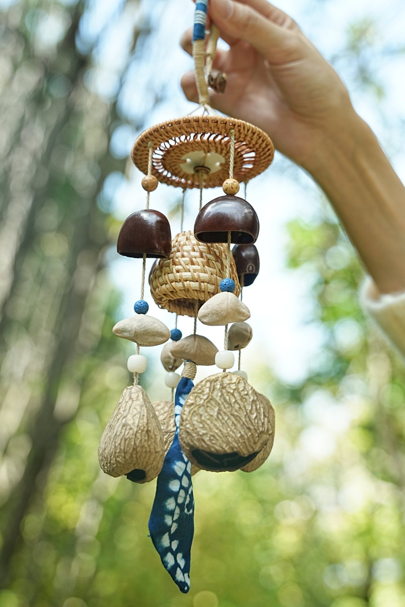 Artisan "The Indigo Harvest" - Rattan Basket & Shibori Fabric Seed Wind Chime