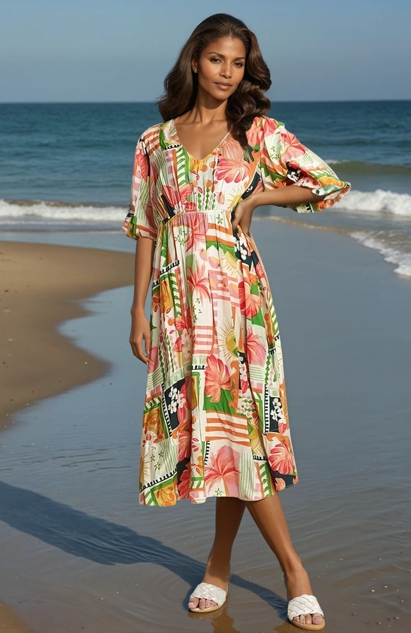 Tropical Puff Sleeve Resort Vacation Midi Dress