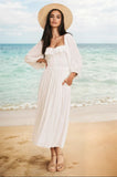 White Ruffled Balloon Sleeve Midi Resort Dress