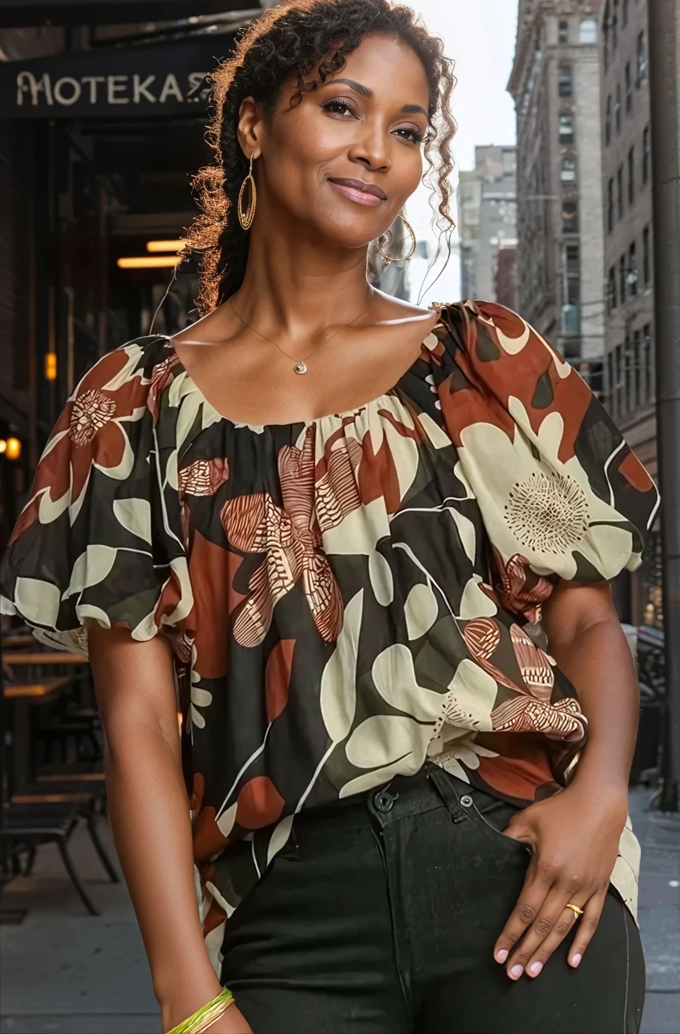 Full Size Brown Florals Puff Sleeve Resort Top