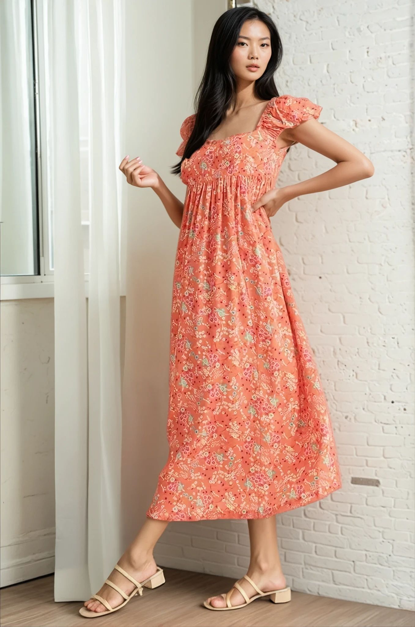 Coral Floral Puff Sleeve Midi Summer Dress