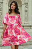 Pink Floral Square Neck Puff Sleeve Mini Summer Dress