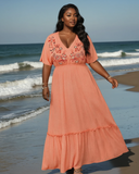 Plus Size Frill Embroidered V-Neck Half Sleeve Resort Maxi Dress