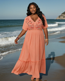 Plus Size Frill Embroidered V-Neck Half Sleeve Resort Maxi Dress