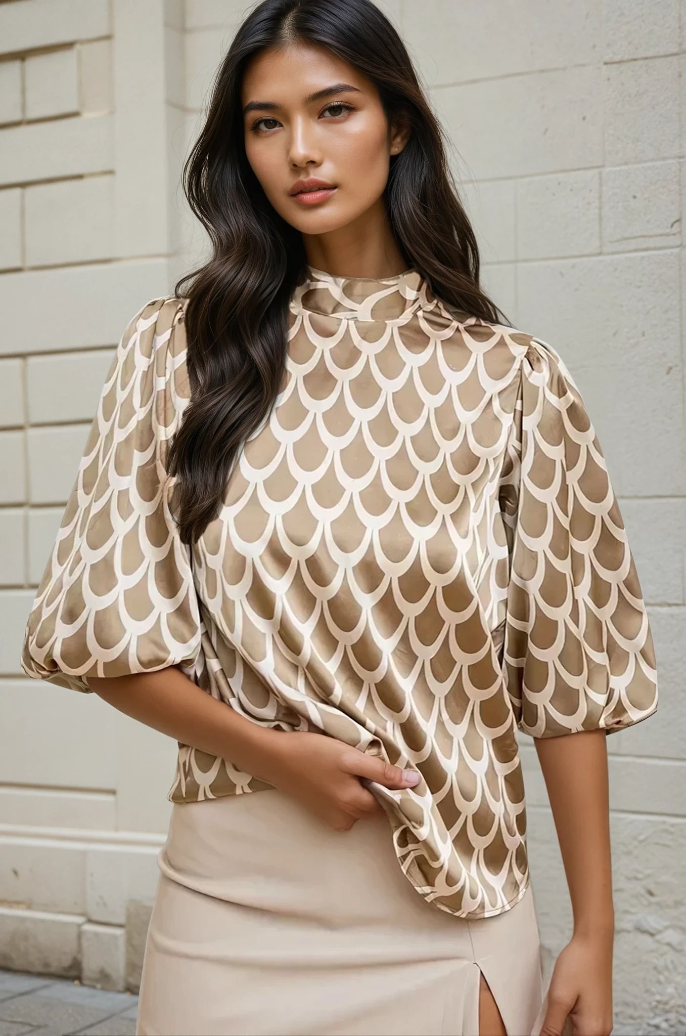 Mock Neck Half Sleeve Resort Blouse