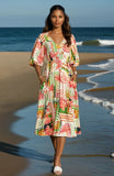 Tropical Puff Sleeve Resort Vacation Midi Dress