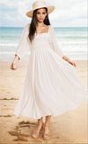 White Ruffled Balloon Sleeve Midi Resort Dress