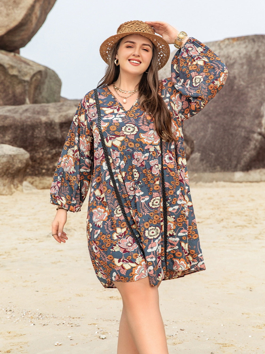 Plus Size Printed V-Neck Mini Vacation Dress