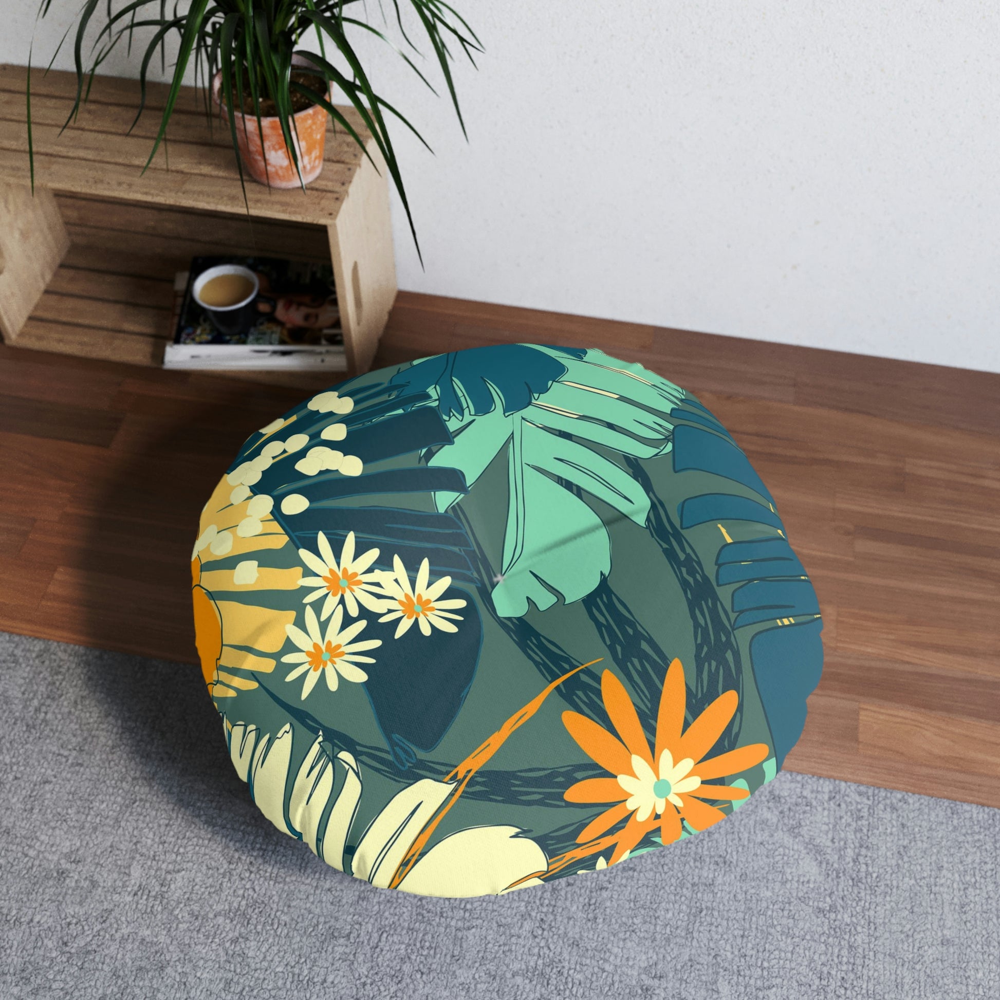 Jungle Blues Collection, Tropical Jungle Print Tufted Floor Pillow, Round