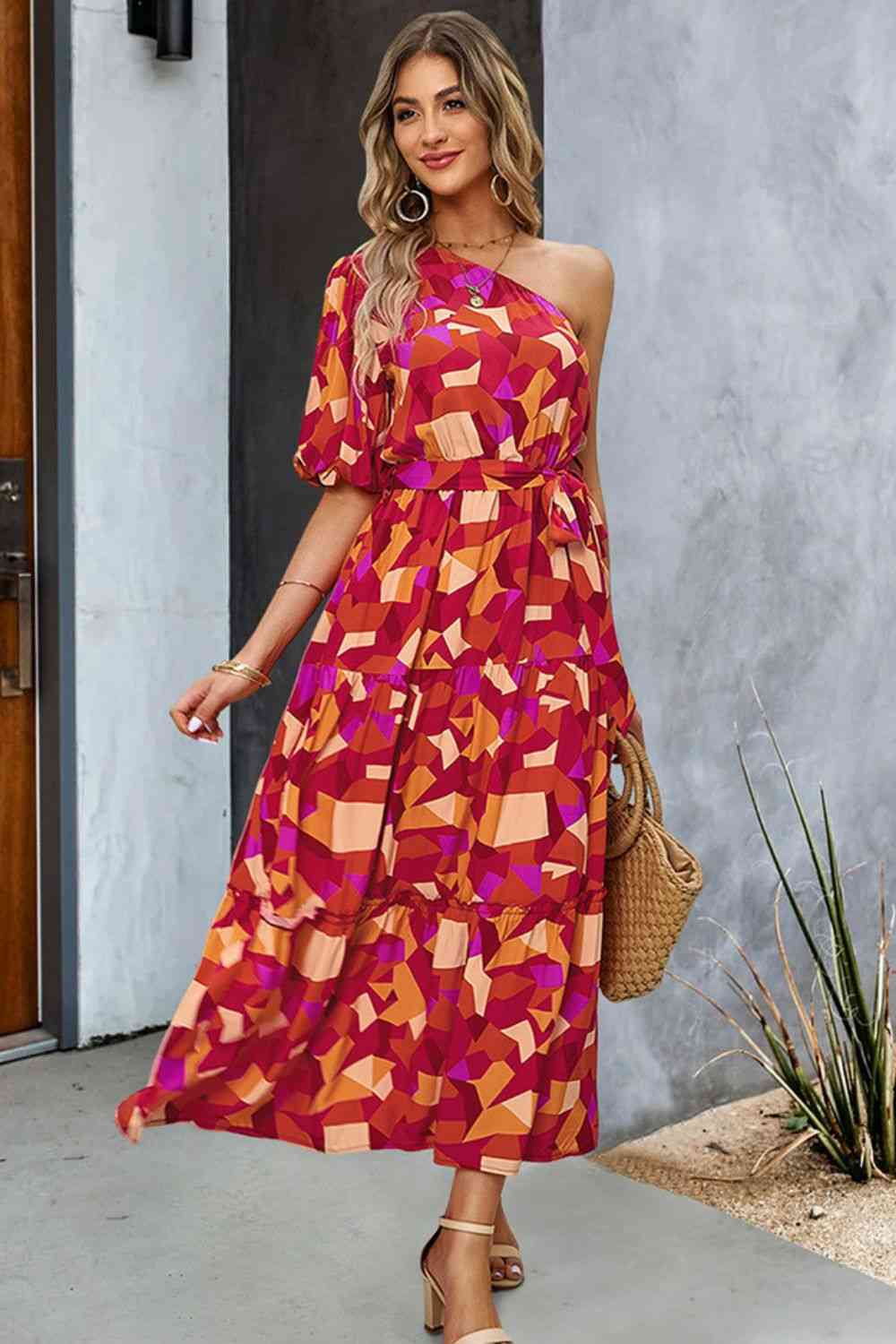 One-Shoulder Tie Belt Resort Maxi Dress