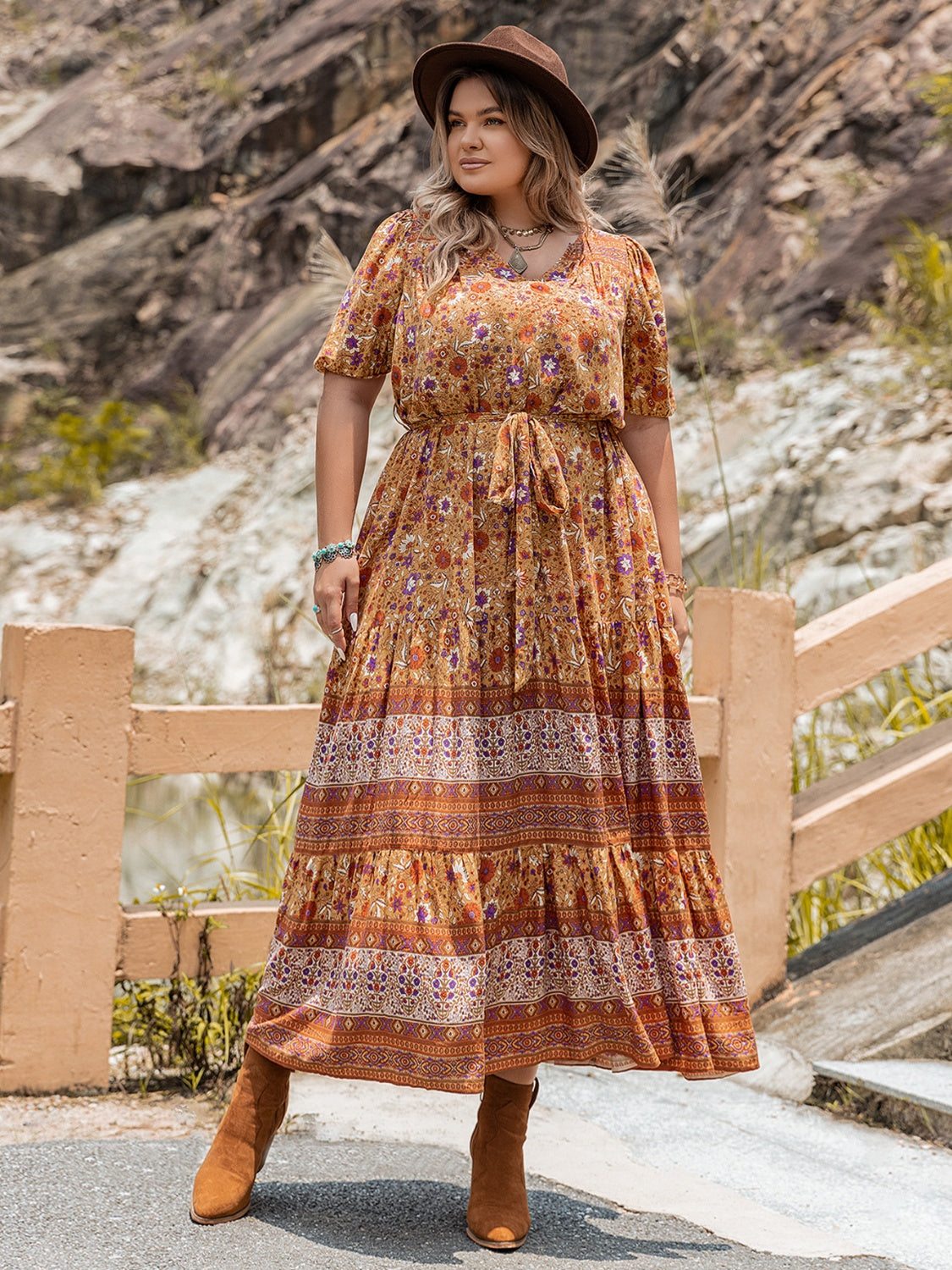 Plus Size Tie Waist Puff Sleeve Boho Midi Dress