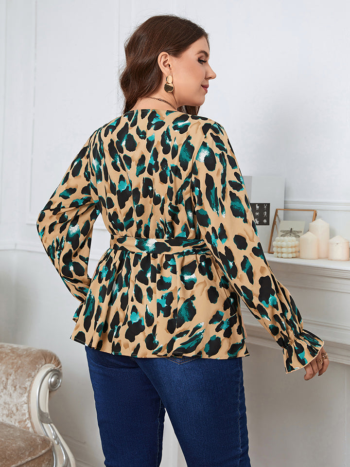 Plus Size Printed Tie Waist Flounce Sleeve Blouse