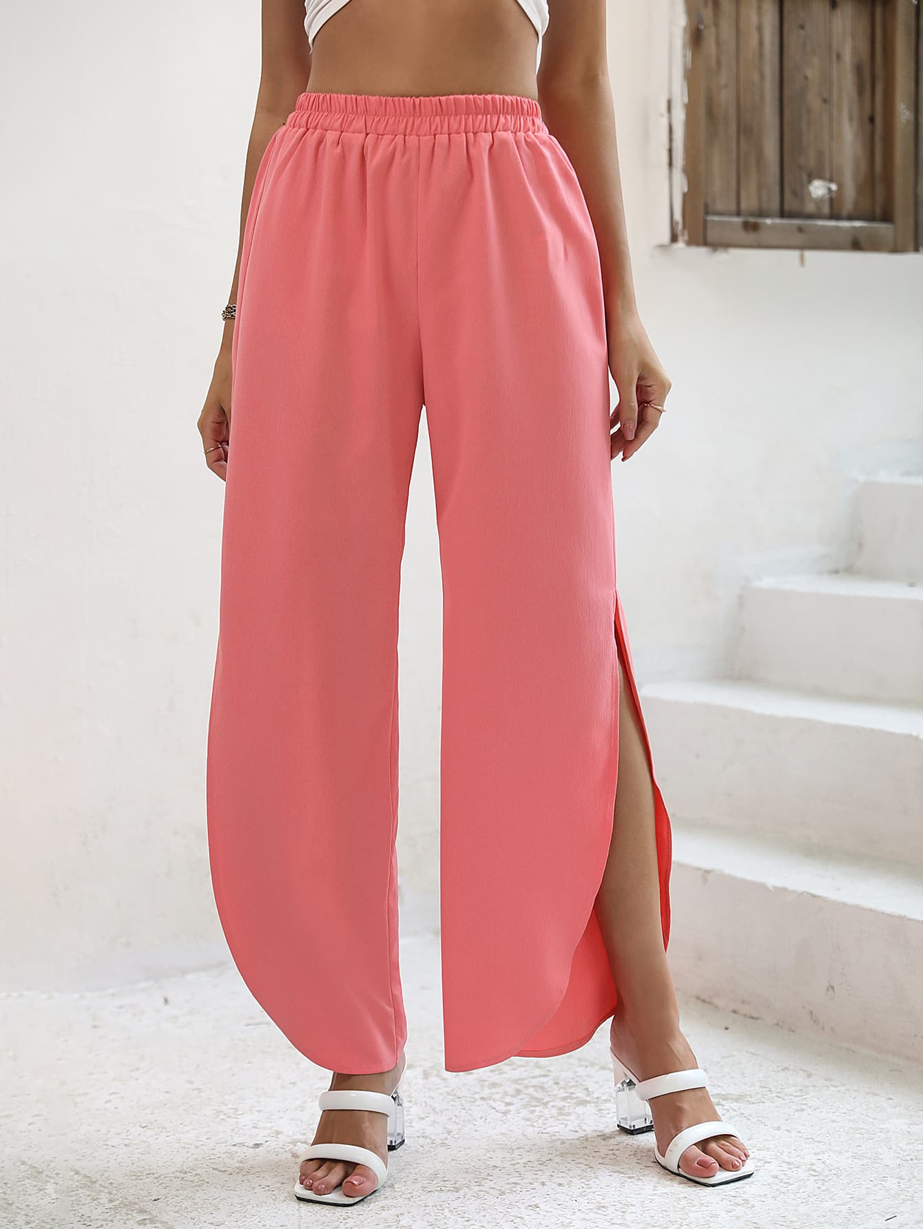 Beach Coral Elastic Waist Slit Wide Leg Vacation Pants