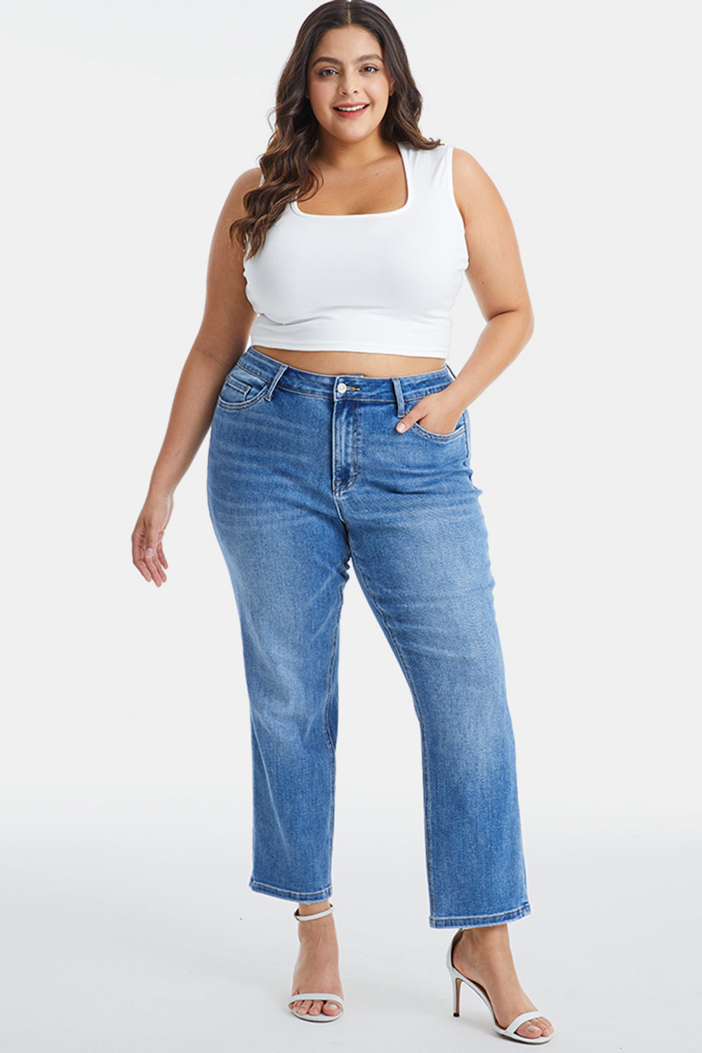 Full Size High Waist Raw Hem Straight Mom Jeans