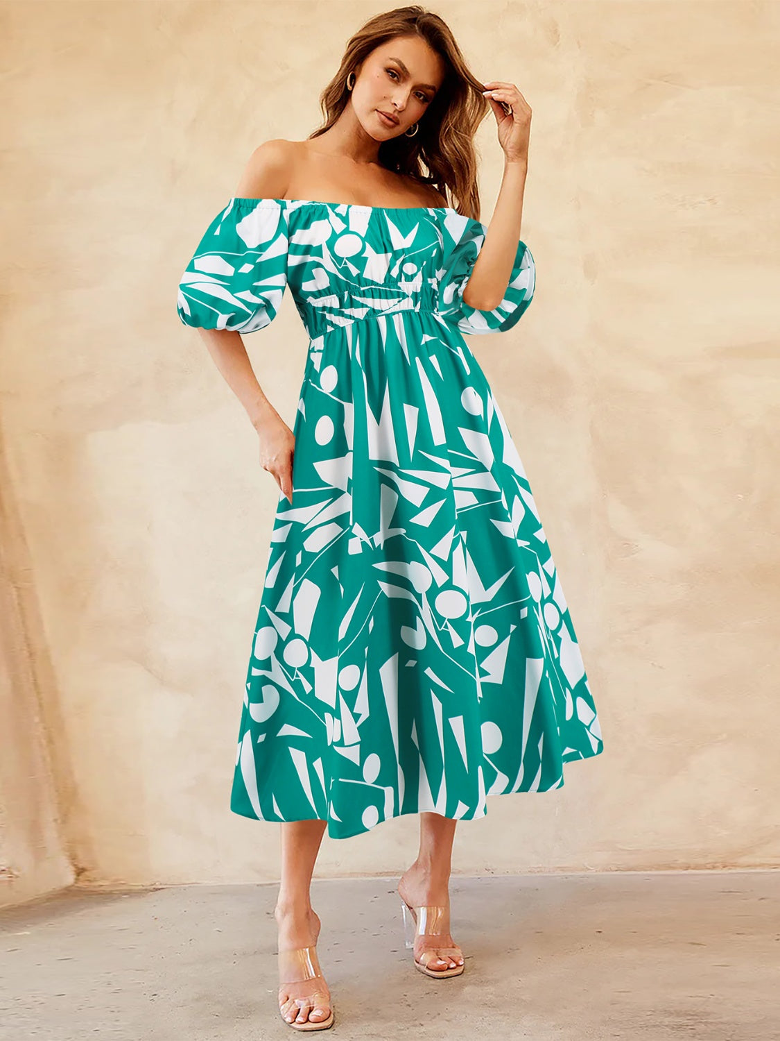 Tropical Off-Shoulder Balloon Sleeve Dress