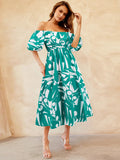 Tropical Off-Shoulder Balloon Sleeve Dress