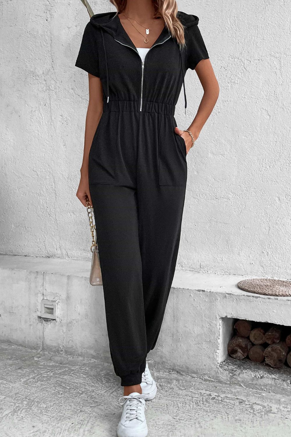 Zip-Up Short Sleeve Hooded Black Travel Jumpsuit with Pockets