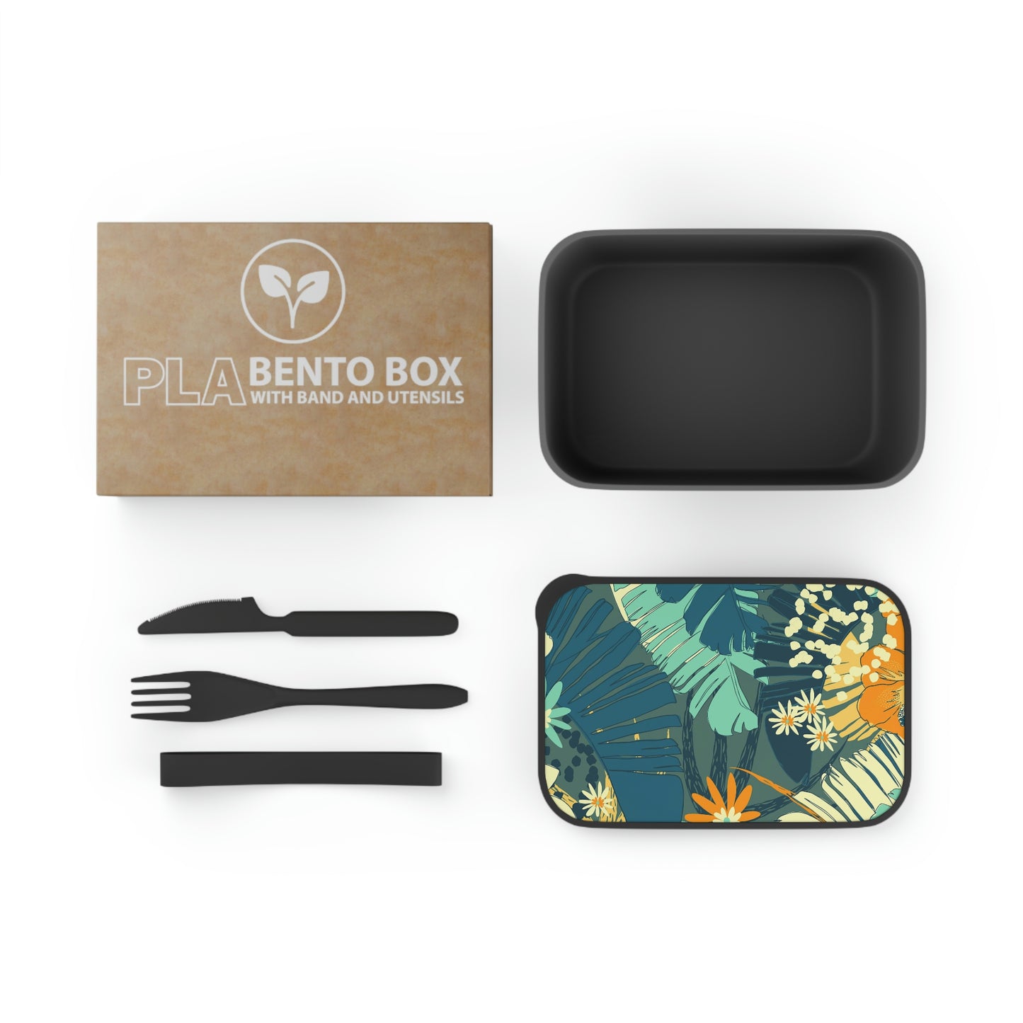 Jungle Blues Collection Bento Box with Band and Utensils, Tropical eco -smart Designer Bento Box