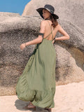 Crisscross Back Drawstring Ruffle Trim Maxi Dress