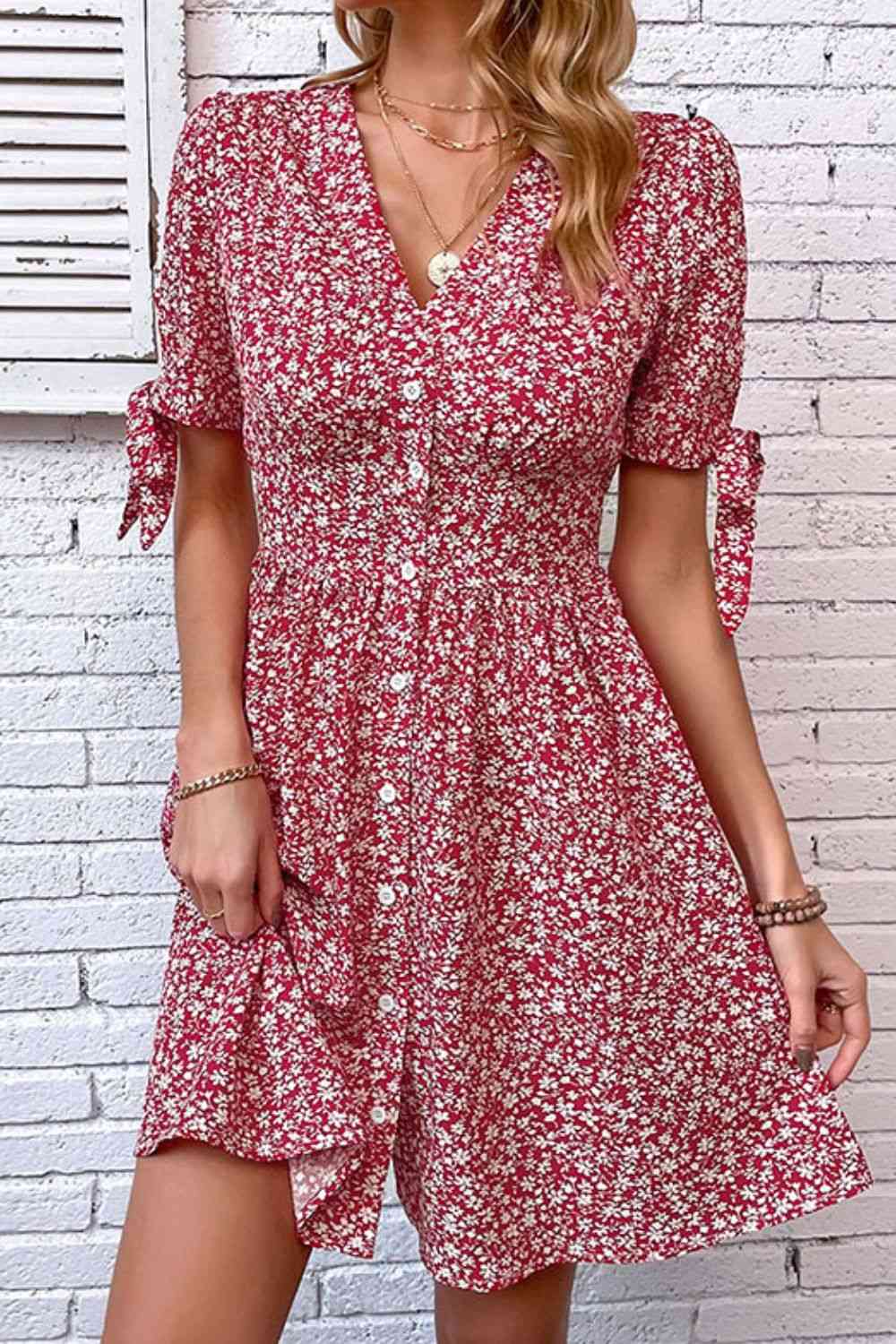 Floral Tied Puff Sleeve Button Front Summer Sundress