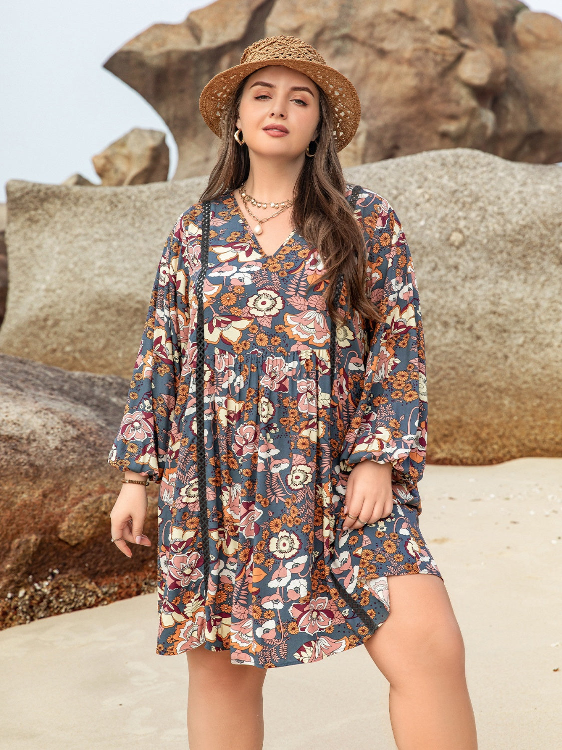 Plus Size Printed V-Neck Mini Vacation Dress