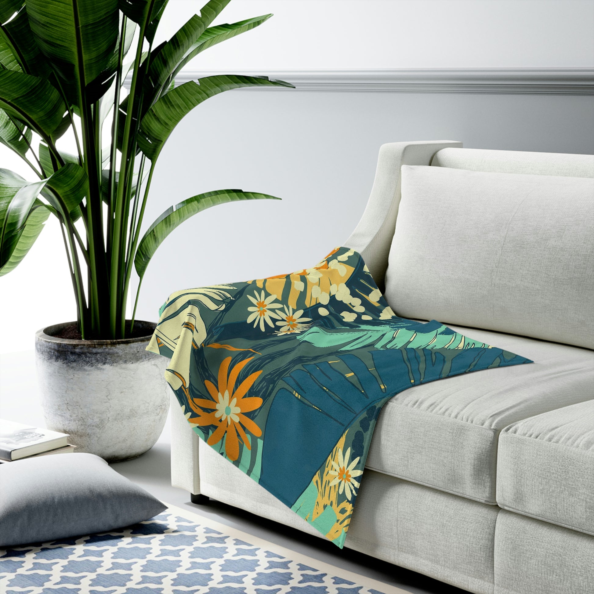 Jungle Blues Collection Velveteen Plush Blanket, Sensual Tropical Print for your Vacation Home