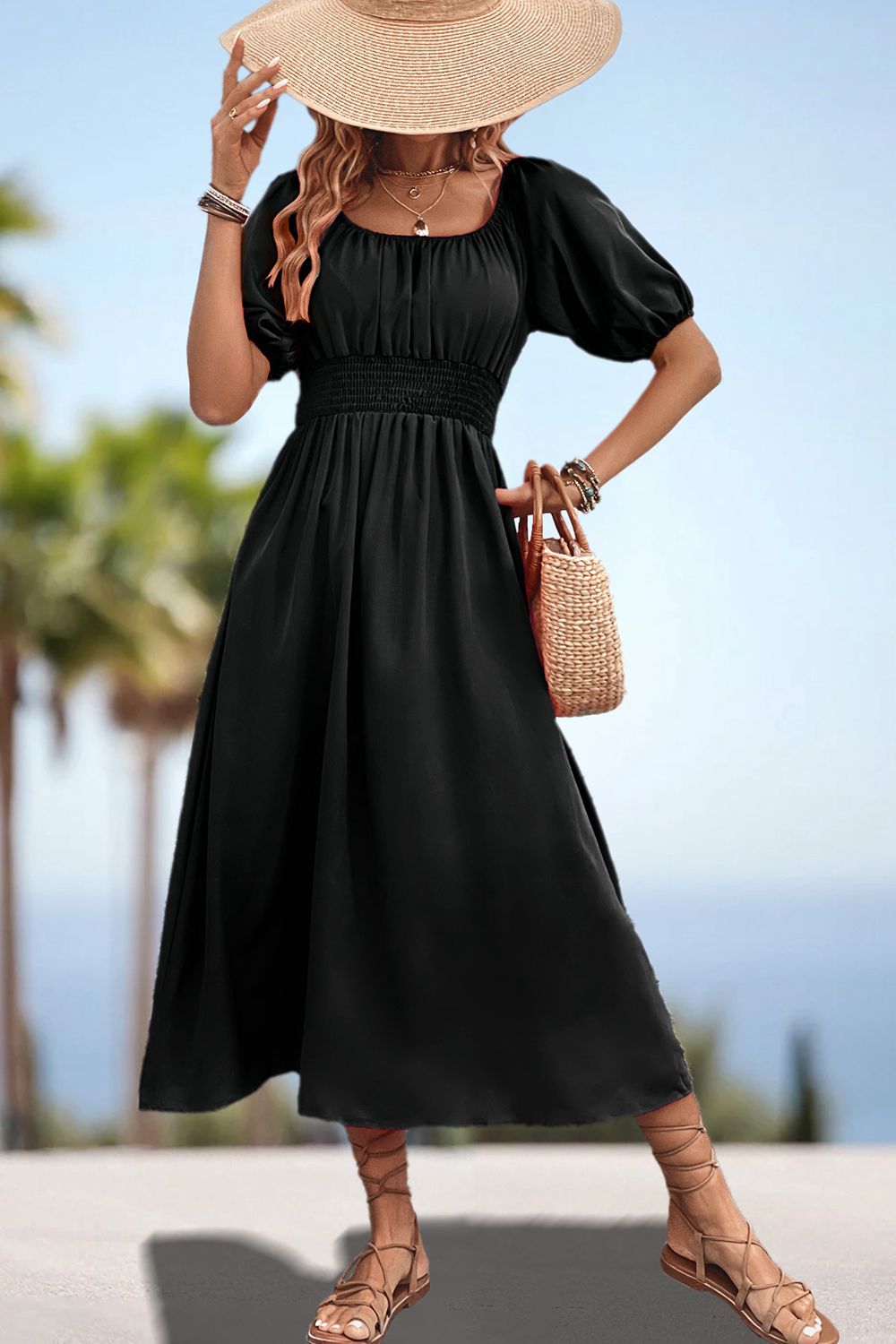 Women's Square Neck Puff Sleeve Resort Midi Dress