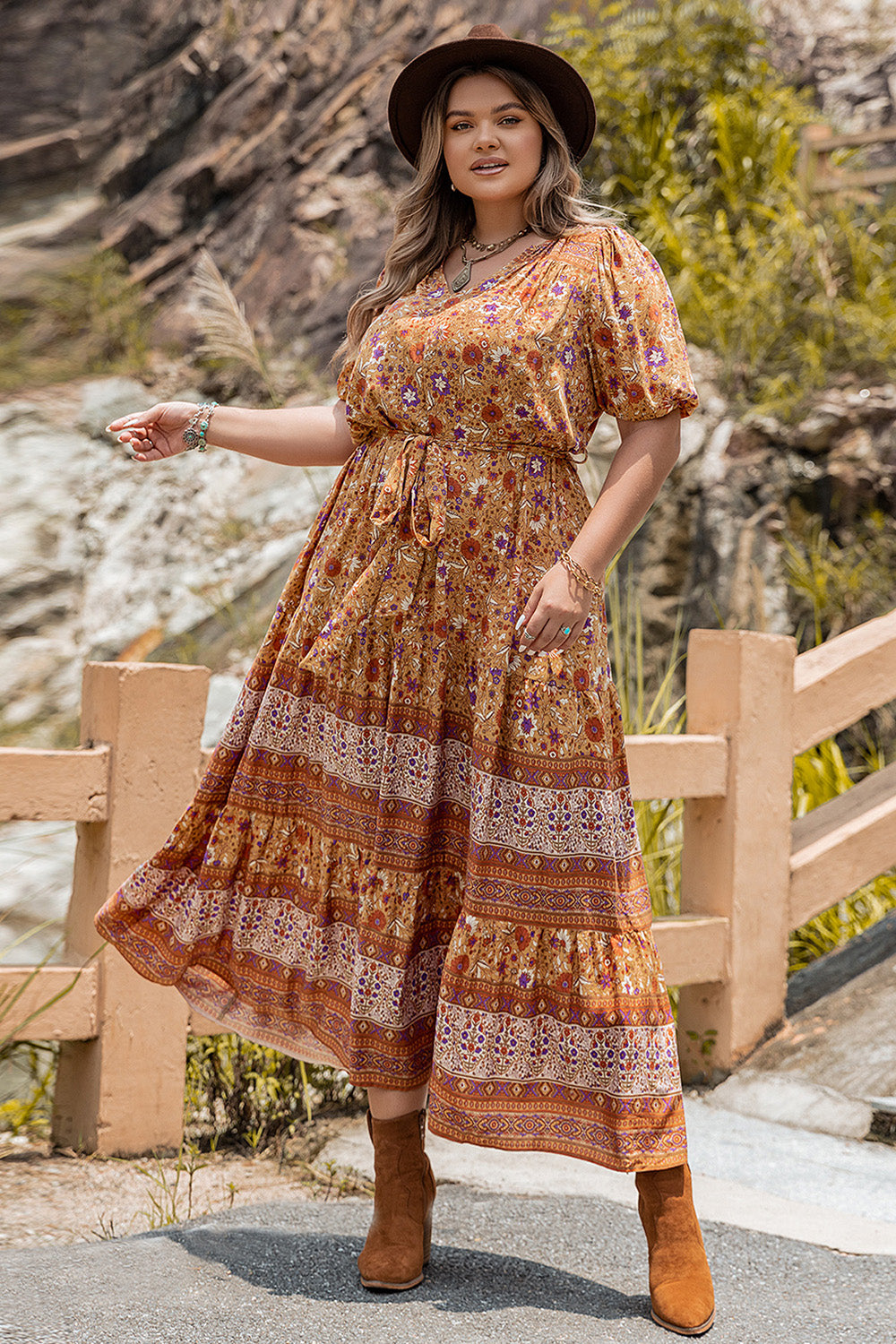 Plus Size Tie Waist Puff Sleeve Boho Midi Dress