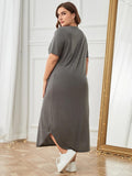 Plus Size Pocketed V-Neck Short Sleeve Beach Dress