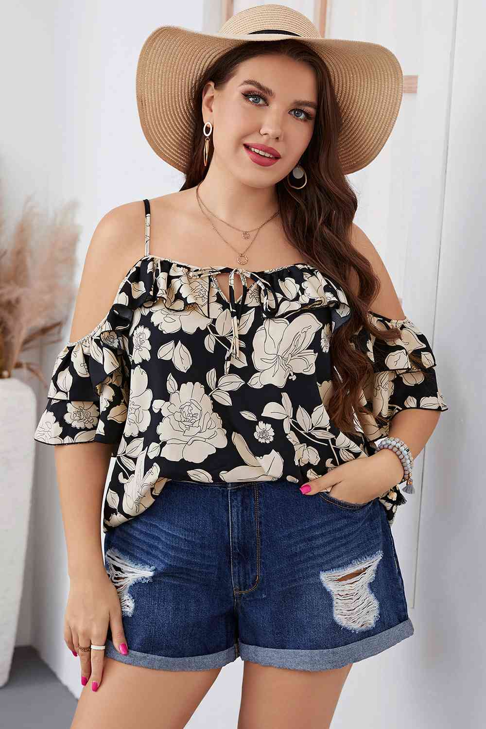 Plus Size Floral Off Shoulder Summer Top