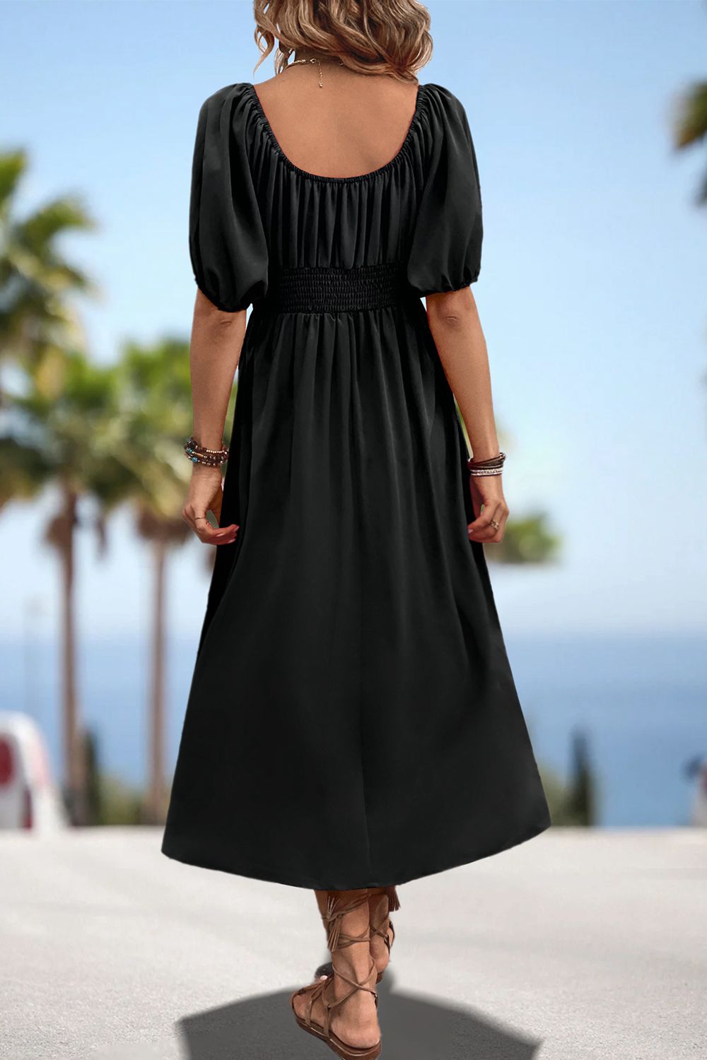 Women's Square Neck Puff Sleeve Resort Midi Dress