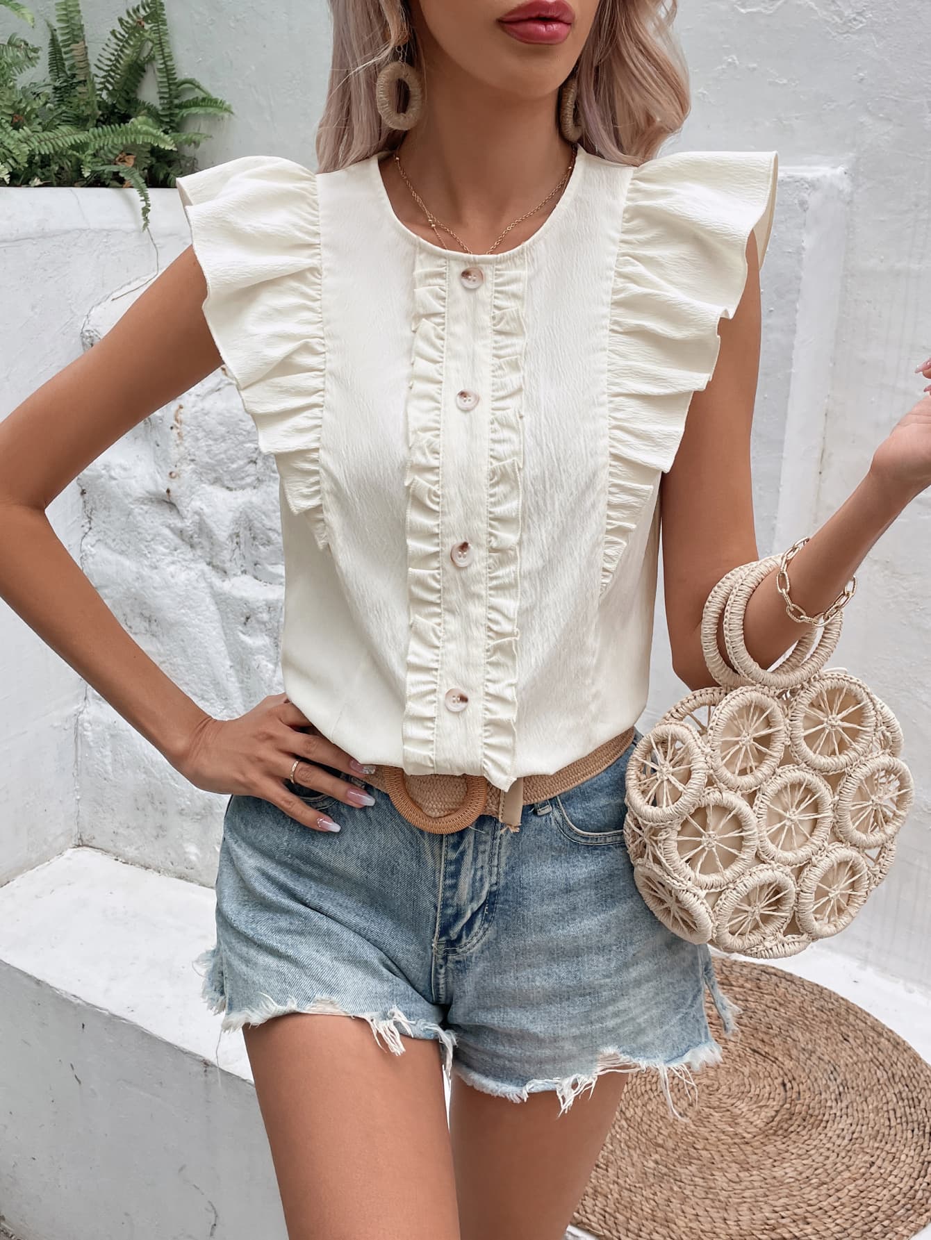 Decorative Button Frill Trim Resort Top