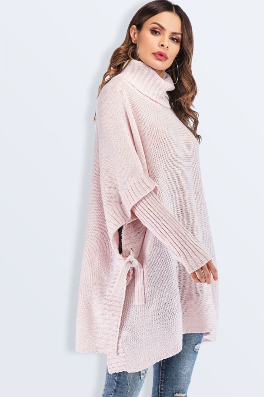 Double Take Tied Turtleneck Asymmetrical Hem Sweater