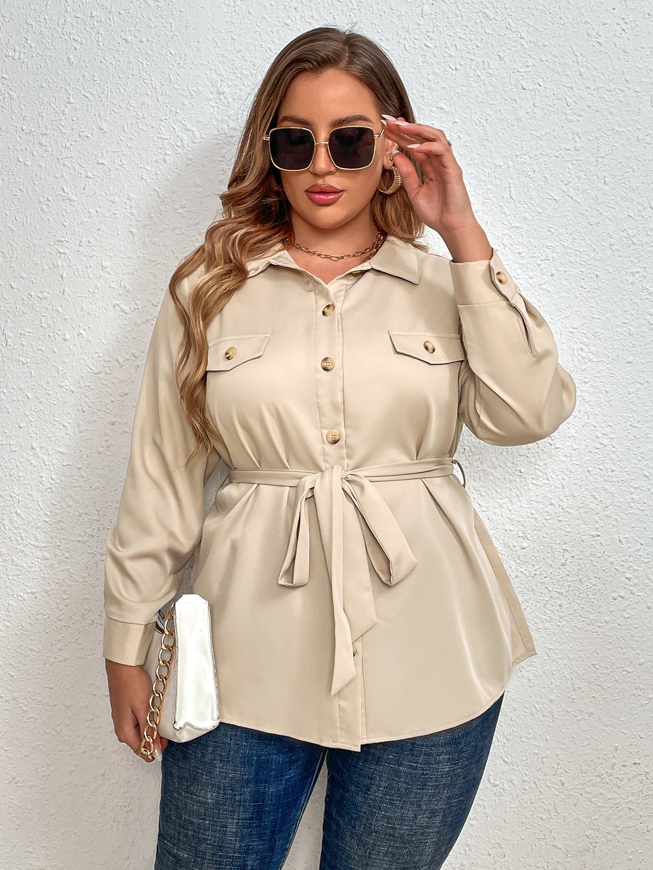 Plus Size Tie Belt Long Sleeve Resort Shirt