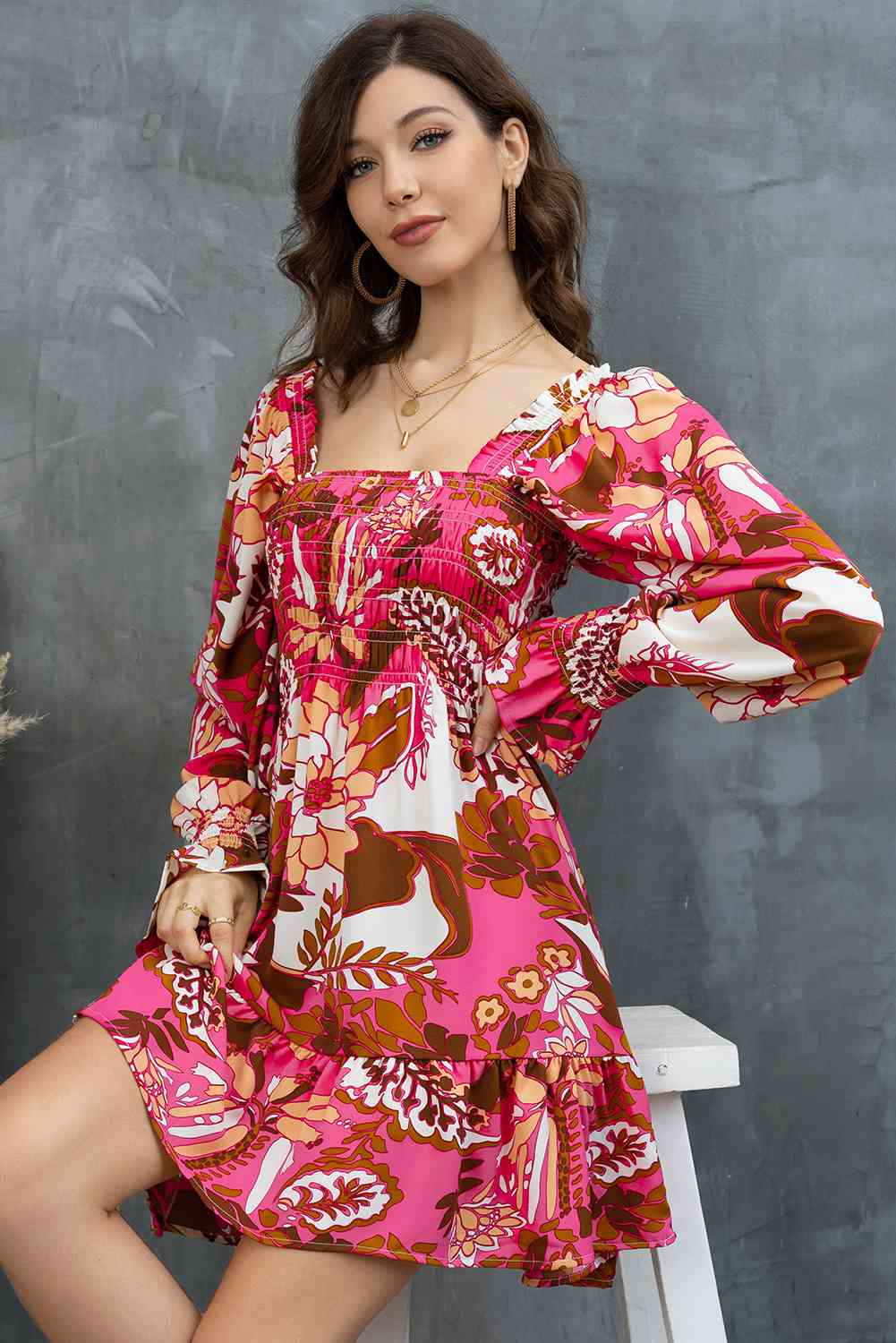 Floral Flounce Sleeve Resort Dress