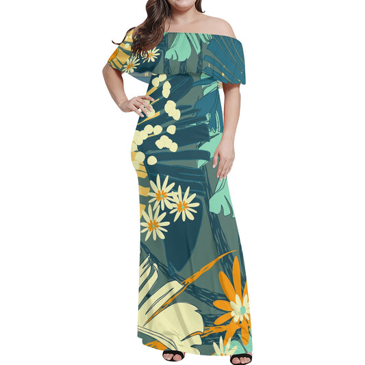 Women's Tropical Jungle Blues Print Hawaiian Off-shoulder Long Dress up to 6XL