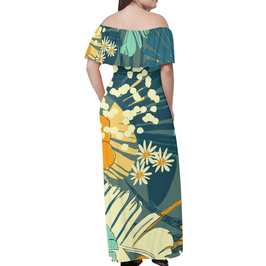 Women's Tropical Jungle Blues Print Hawaiian Off-shoulder Long Dress up to 6XL
