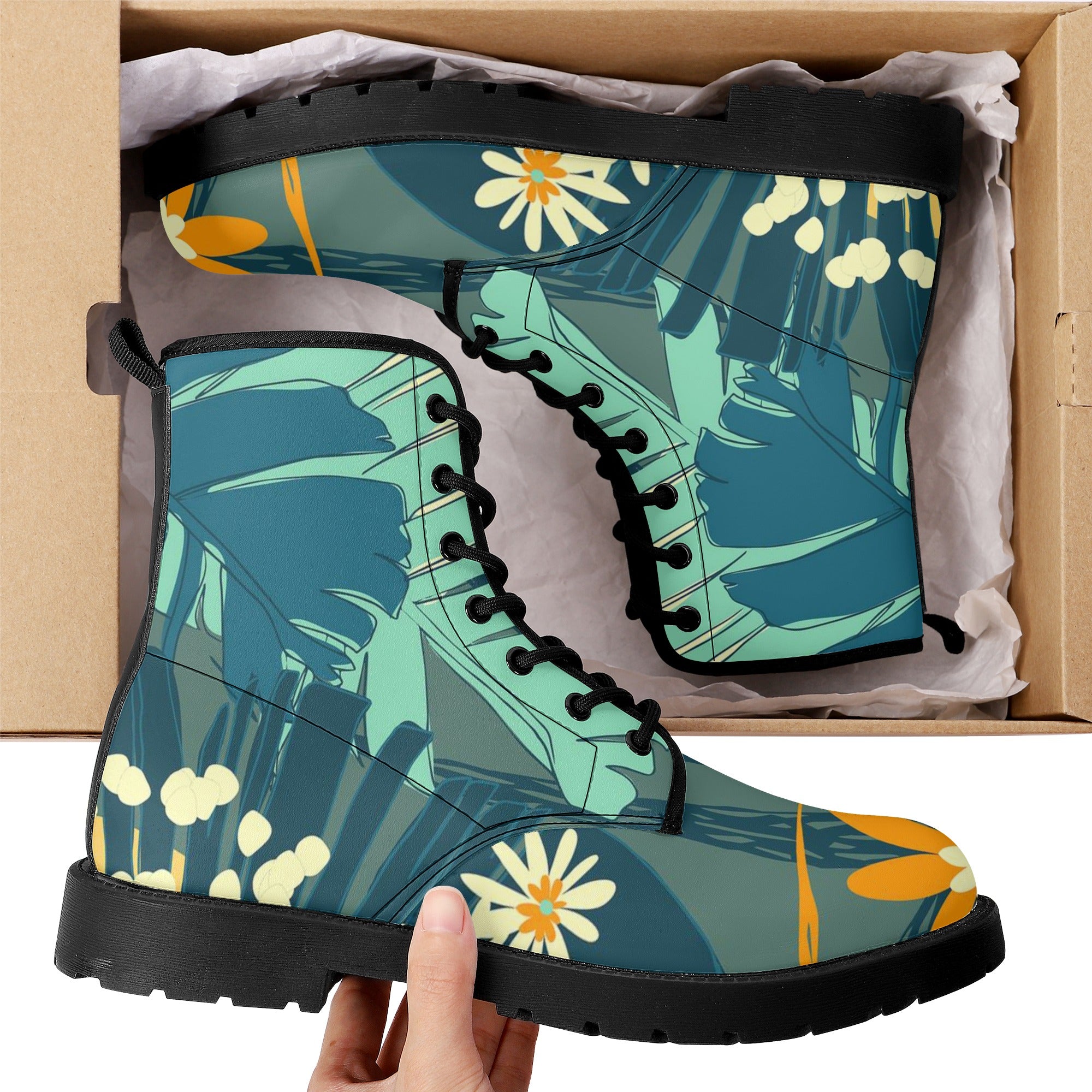 Women's Custom Jungle Blues Tropical Print Leather Boots